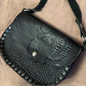 Skull Black Leather Crossbody Bag